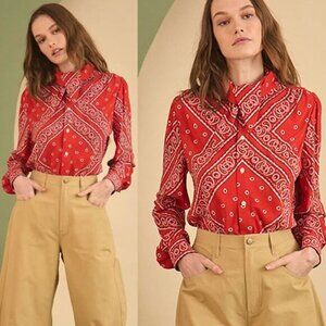 NEW Hunter Bell Frances Button Scarf Collar Long Sleeve Blouse Red Size: Medium